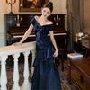 French Light Luxury Blue One-word Shoulder Dress Niche Fishtail Long Dress High-end Annual Meeting Banquet Birthday Dress Dress Dress