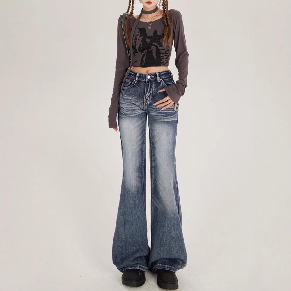 Women's 2025 High-Waist Retro Micro-Flared Jeans for Autumn/Winter – Loose American High-Street Style.