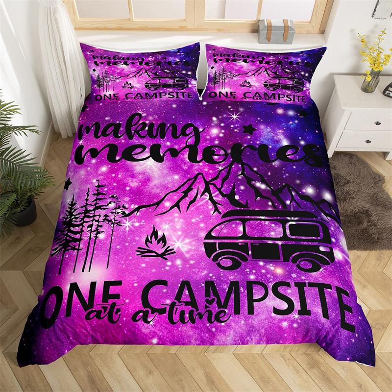 Camping Bettbezug Mikrofaser Galaxie Sterne Mond Happy Camping Bettdeckenbezug Camper Truck Geometrie Berg Bäume Bettwäscheset