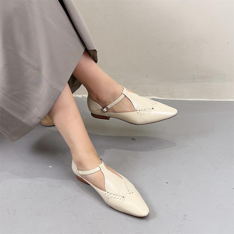 Johnature Genuine Leather Buckle Strap Women's Shoes French Style Versatile Temperament Pointed Flat Shoes