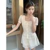2026 Spring/Summer French Square Neck Short Sleeve Shirt & A-line Skirt Shorts Textured Fashion Set for Women
