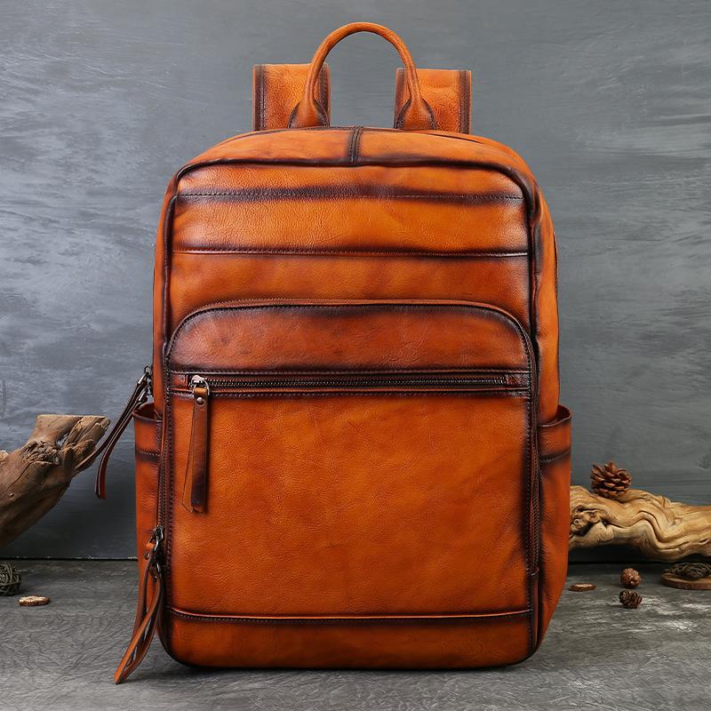 Retro Backpack, Hand-painted Genuine Leather, Casual Travel Backpack, Vegetable-tanned Leather Bag
