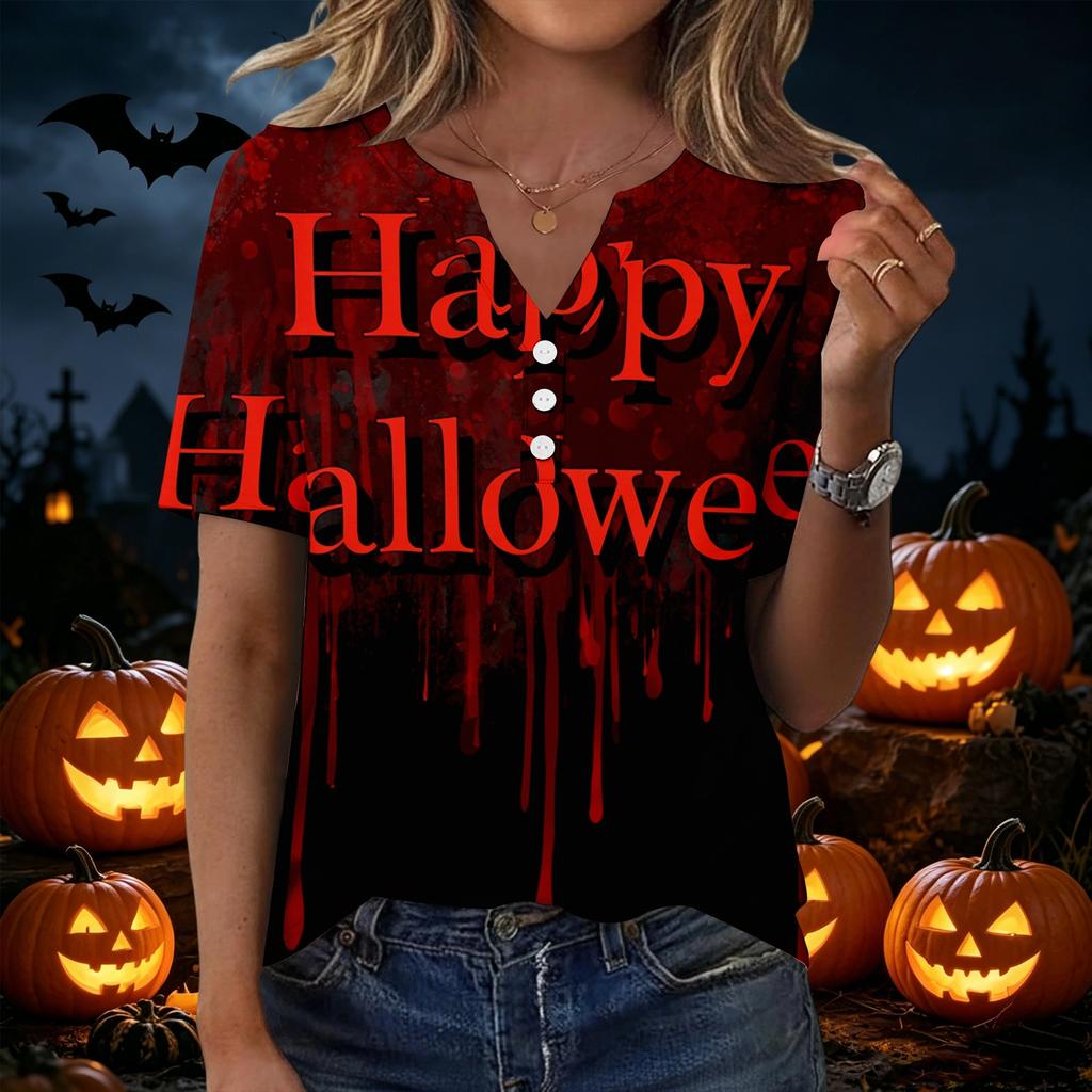 Womens Halloween Print V Neck Short Sleeve Button T Shirt Casual Fashion Top Lightweight Comfortable Fit
