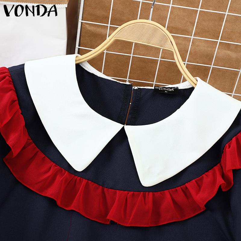 VONDA Women Summer Lapel Short Sleeve Ruffled Contrast Blouses