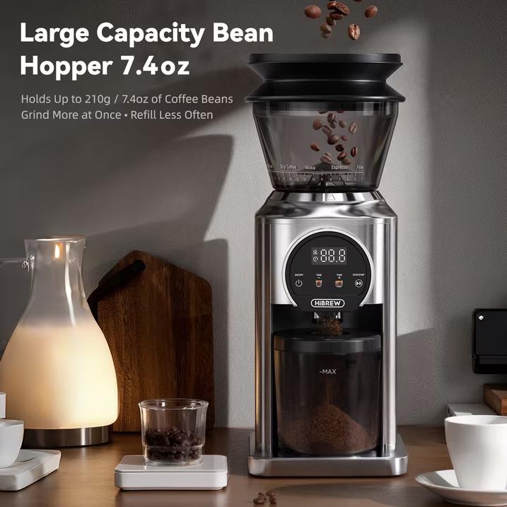 HIBREW G3plus Coffee Grinder, 31-Level Conical Burr Grinder, Titanium-Coated Steel Burr, Plasma Anti-Static System, 1-60s Touchscreen Timer, 210g