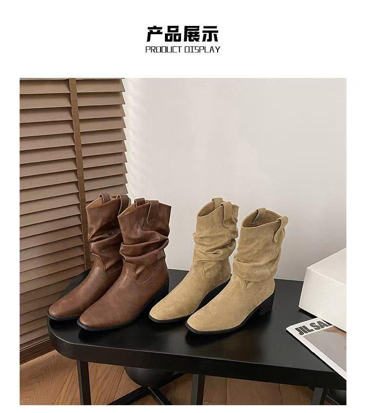 Vintage square head suede western cowboy boots women's 2025 new through pleated pile boots middle heel knight boots short boots