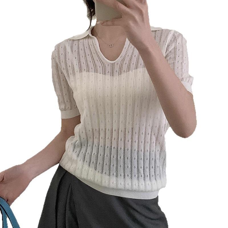 Lapel Hollow Design Knitted Sweater Short-sleeved Women's Summer New Simple and Versatile Thin Top Thin