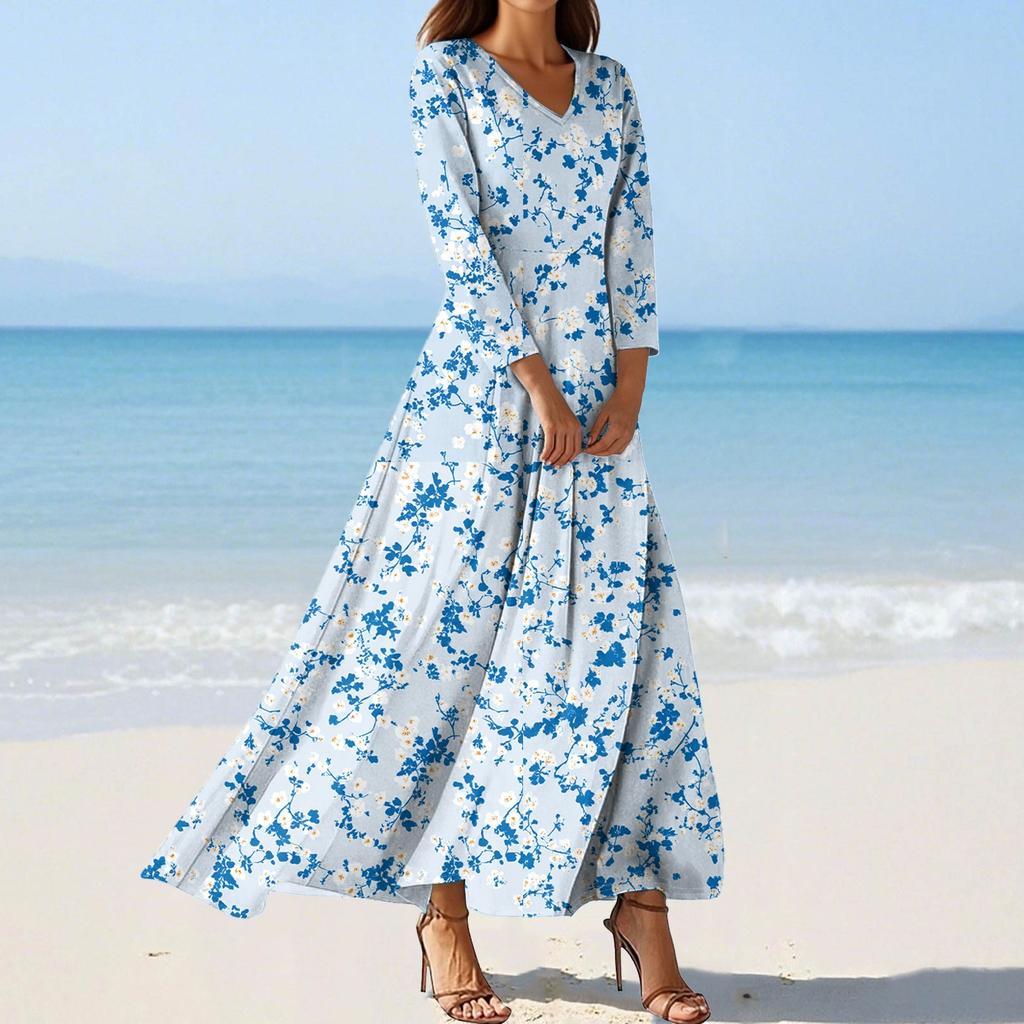 Women's Fashion V-Neck Floating Beach Dresses Seven Sleeve Floral Printed Dresses