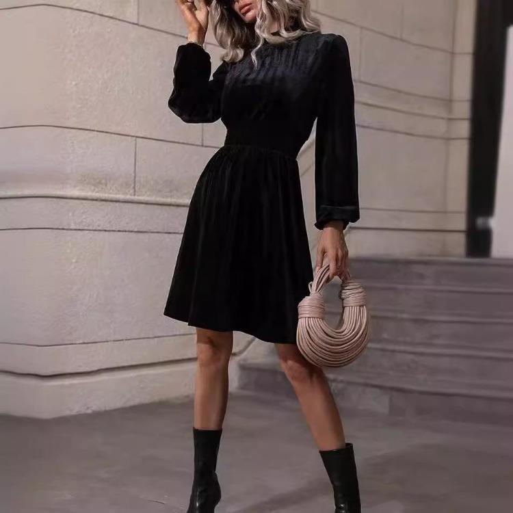 Frühlings Damen Samtkleid Lange Puffärmel Hohe Taille A-Linie Knielang Einfarbig Stehkragen Freizeitkleider