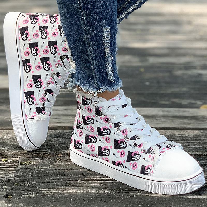 Women's Board Shoes Printed Large Size High-top Canvas Shoes Flat-soled Lace-up Casual Shoes