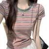 Women's 2024 Summer Color-Blocked Striped Short-Sleeve Round Neck T-Shirt