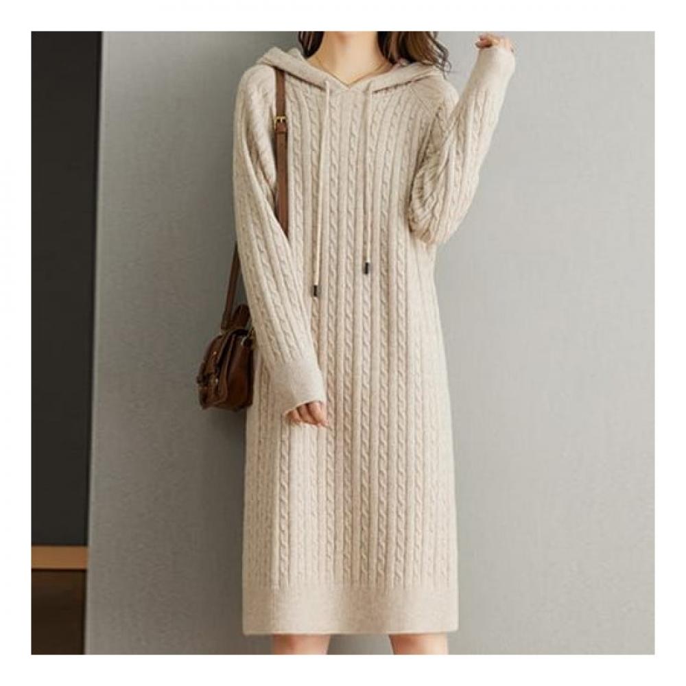 Navava Women Simple Daily Cable Hood Long Sleeve Knit Dress No630