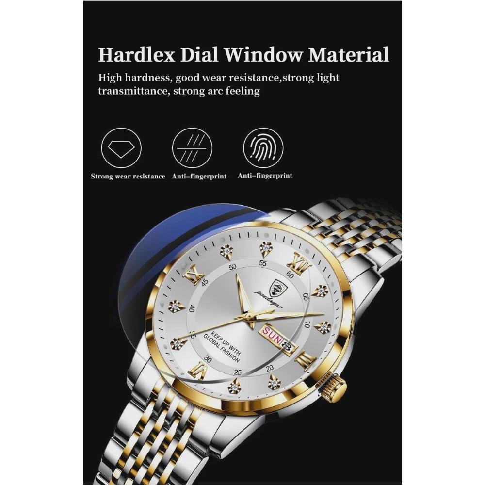 POEDAGAR Luxury Business Man Watch Stainless Steel Week Date Men's Wristwatch Waterproof Luminous Fashion Quartz Watches for Men