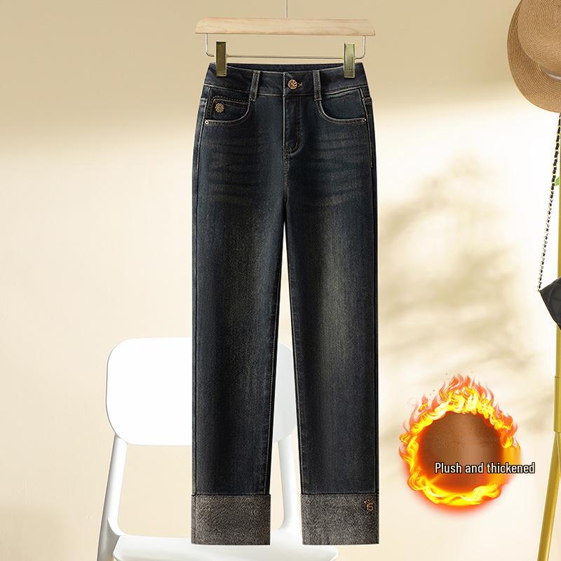 Women's Slimming Thicken Straight-Leg Nine-Point Cigarette Jeans - Autumn/Winter 2024 Edition