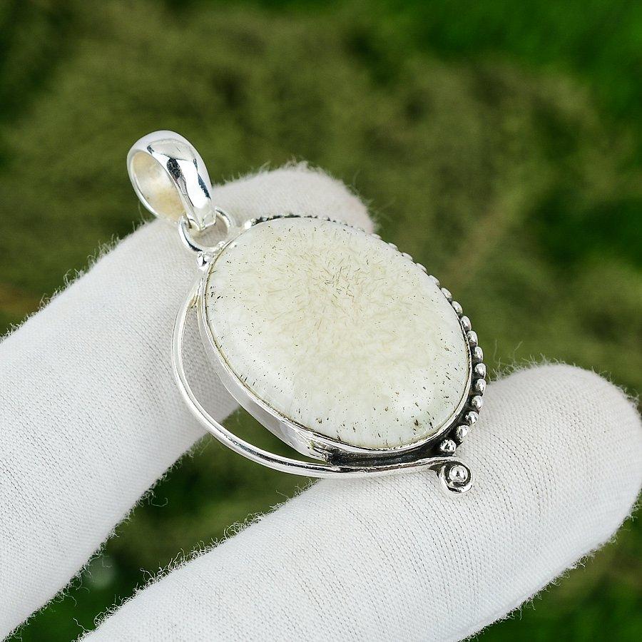 Oval Natural Scolecite Crown Chakra Handmade Engagement Pendant Sterling Silver