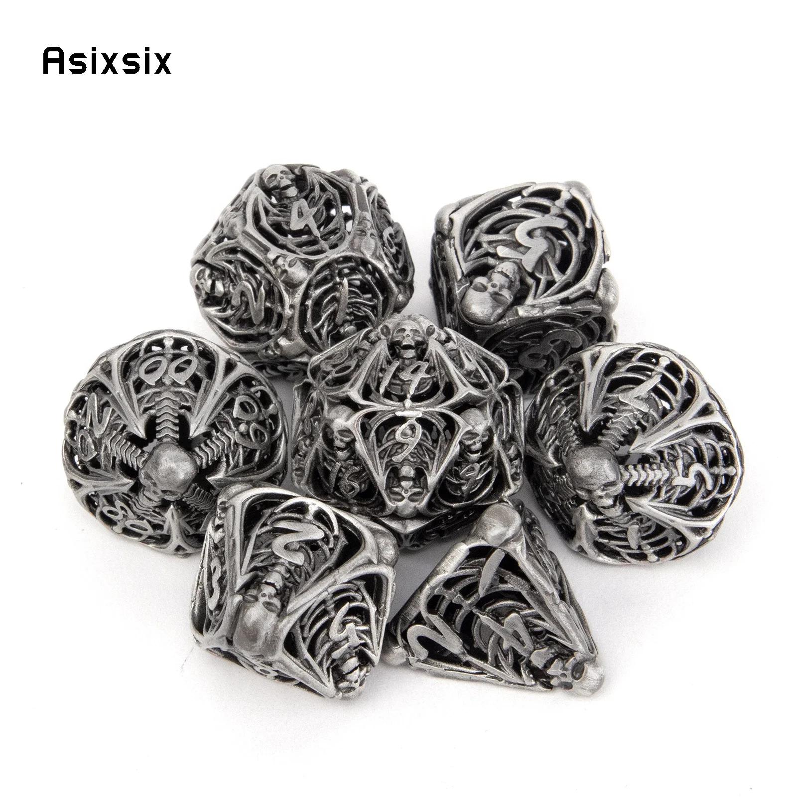 7 Pcs Silver Skull Metal Dice Hollow Metal Polyhedral Dice Set Suitable For Role-Playing Game