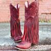 Women's Retro Handmade Pointed Toe Mid-Calf Fringe Boots with Chunky High Heels