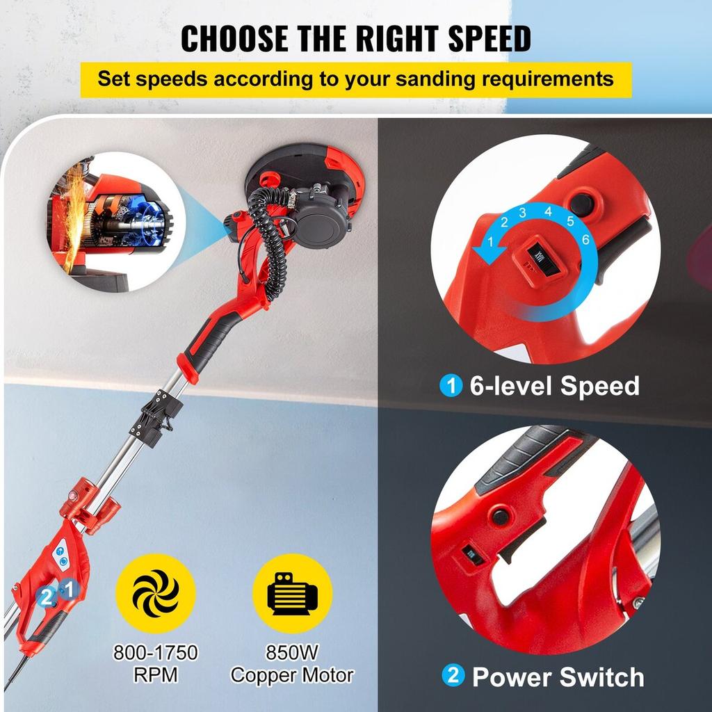 Drywall Sander 750W Electric Drywall Sander Foldable Sheetrock Sander with Telescope Handle Electric Sander Variable Speed 800-1750RPM Wall Sander