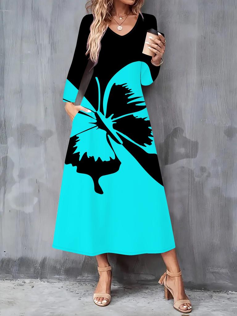 2025 Herbst und Winter Neue Damen Casual Mode Kleid 3D Schmetterlingsdruck Langarm V-Ausschnitt A-Linien Kleider