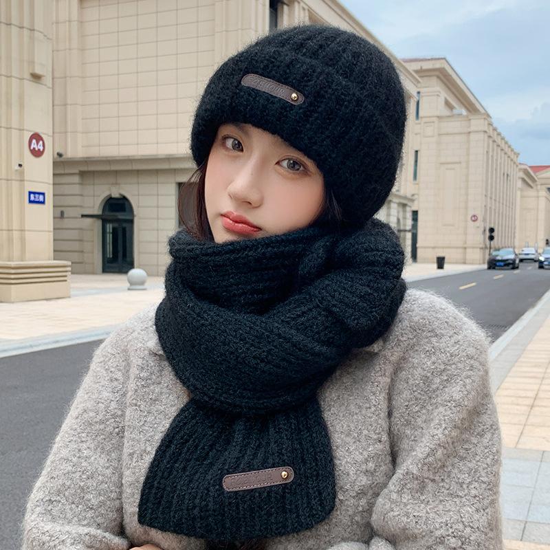 Hat Women's Autumn and Winter Cold and Warm Scarf Two-piece Set Versatile Wool Hat Fashion Face Small Knitted Hat