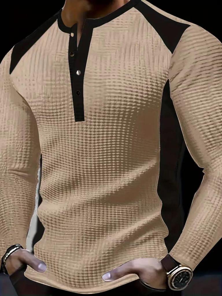 Men's European & American Style V-Neck Waffle Top - Breathable Autumn Casual Wear with Hot Buckle