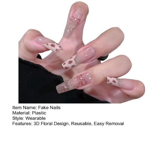 10Pcs 3D Flower Fake Nails Long Nail Extension Kit Wear Armor Reusable Easy to Remove Time-Saving Press on Nails for Home Salon