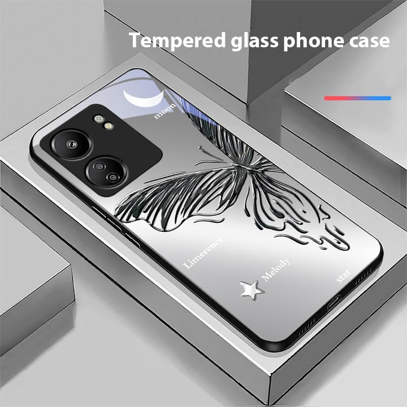 Metallic Butterfly For Xiaomi Redmi 13C Note13 12 Pro Plus 5G Note 9 13T Pro POCO X6 F5 F6 Black Tempered Glass Phone Case