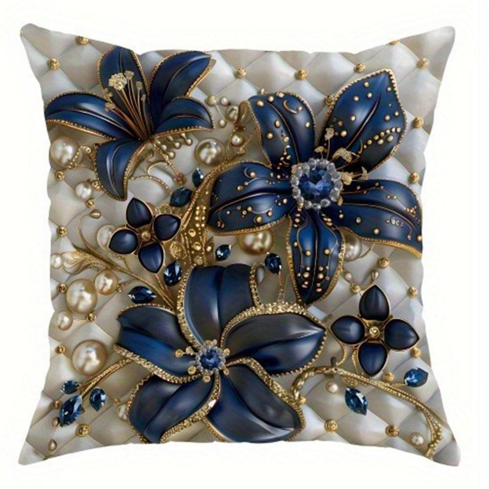 

Blue Gold Luxury Floral Throw Pillow Pattern Home Decor Pillowcase Living Room Sofa Polyester Cushion Cover with Zipper 16x16Inch