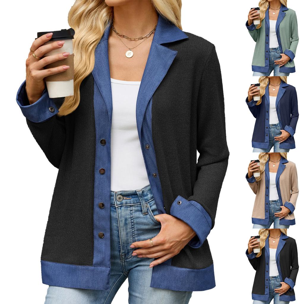 Women's Denim Blouse with Lapel Collar and Button Front - Loose Fit Long Sleeve Casual Top