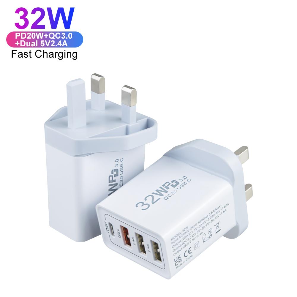 

PD QC3.0 4-Port USB Type C UK Wall Charger Adapters 32W Fast Charging for IPhone Portable Travel Adapter UK білий