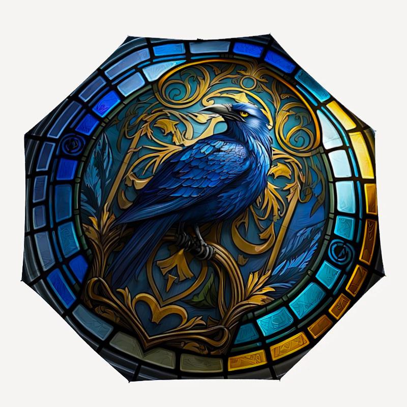 1pc Stained Glass Raven Automatic Open/Close Umbrella - Compact Travel Umbrella with 8-Rib Durable Frame, Lightweight & Portable for Commuting, Fashio
