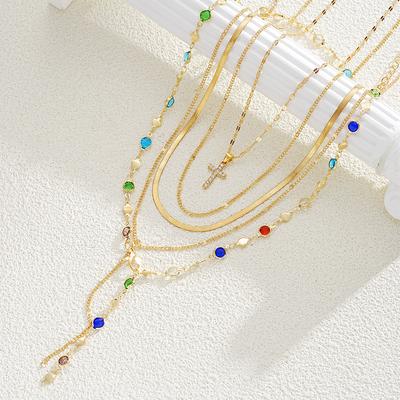 5pcs Vintage Metal Cross Pendant Y-Necklace Set for Women Boho Colorful Crystal Pendant Necklaces Daily Vacation Dating Jewelry