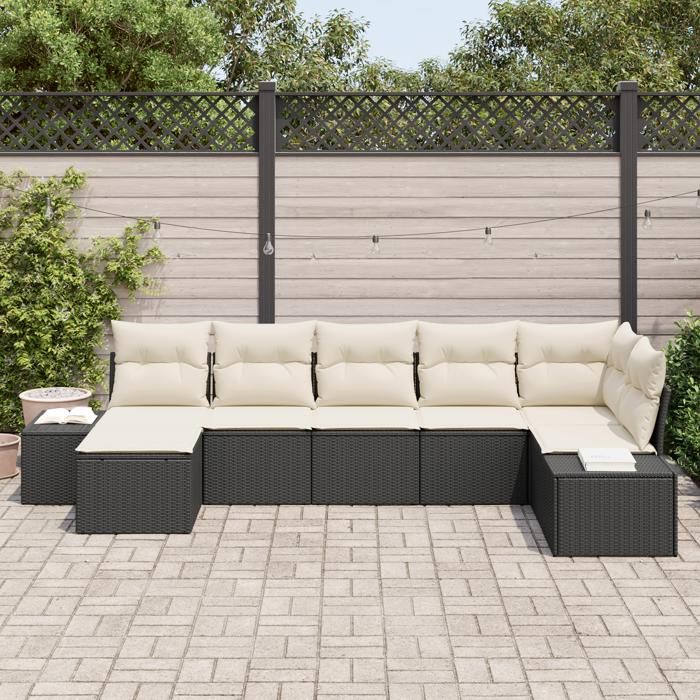 VidaXL Ensemble de canapé de jardin 7 pièces avec coussins Noir Poly Rattan 3347147