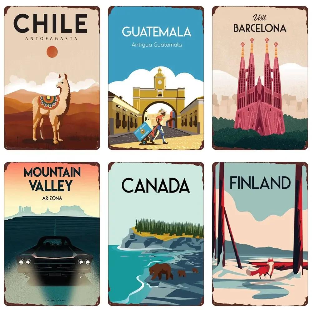 1pc srandom de paysage rétro vintage en métal 18/signe, affiche d'art, maison, ferme, décor mural, Santiago, Hawaï, Grèce, 73