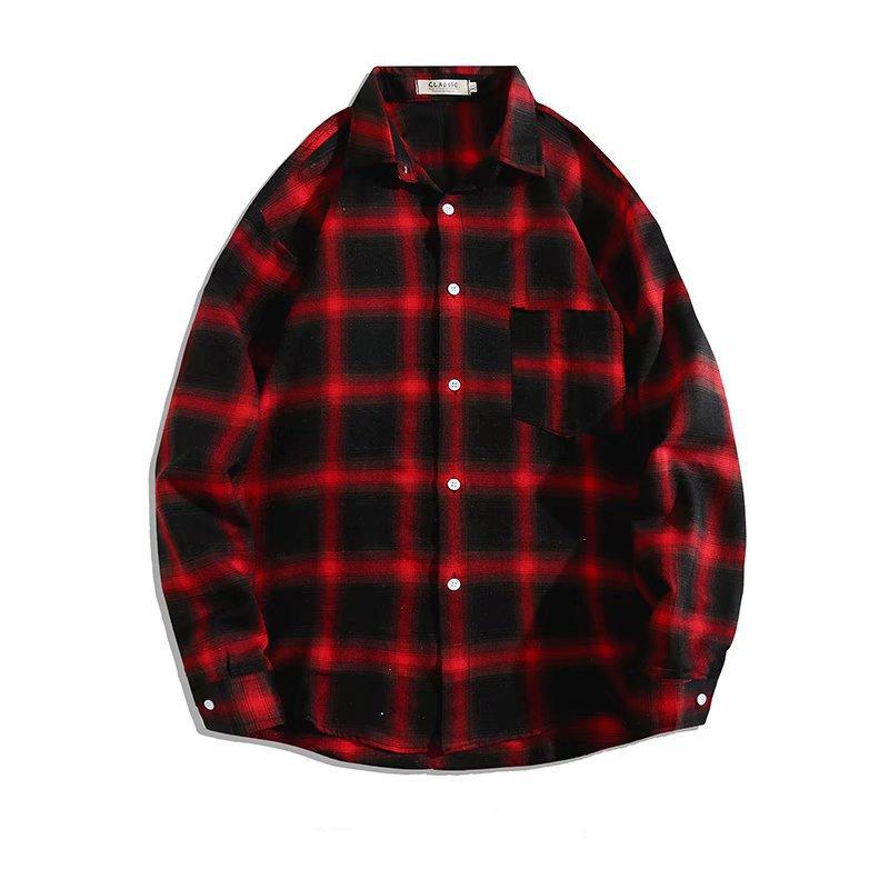 Camicia Casual da Uomo a Quadri Manica Lunga con Colletto alla Coreana