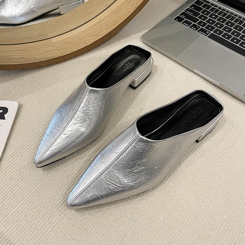 

Мода Европейский Американский Баотоу Половина Женские Мягкая Кожа Клиновидный Каблук Высокий Крутой Модный Верхняя Одежда Толстые Ленивые Туфли Мюли Большой Размер 42 35 серебряный