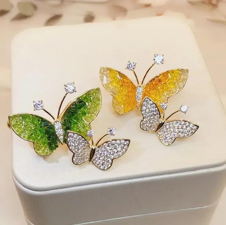 Rhinestone Double Butterfly Brooches for Women Green Color Insect Pin Corsage Lady Party Jewelry Gifts Dress Lapel Pins