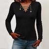 Women Long Sleeve Chain V Neck Top Slim Fit Pullover Casual Shirt with Decorative Accents for Daily Wear