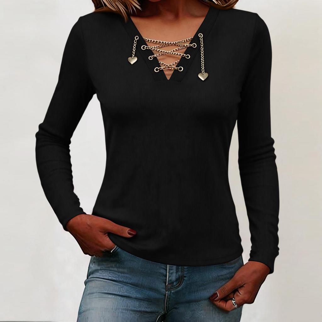 Women Long Sleeve Chain V Neck Top Slim Fit Pullover Casual Shirt with Decorative Accents for Daily Wear