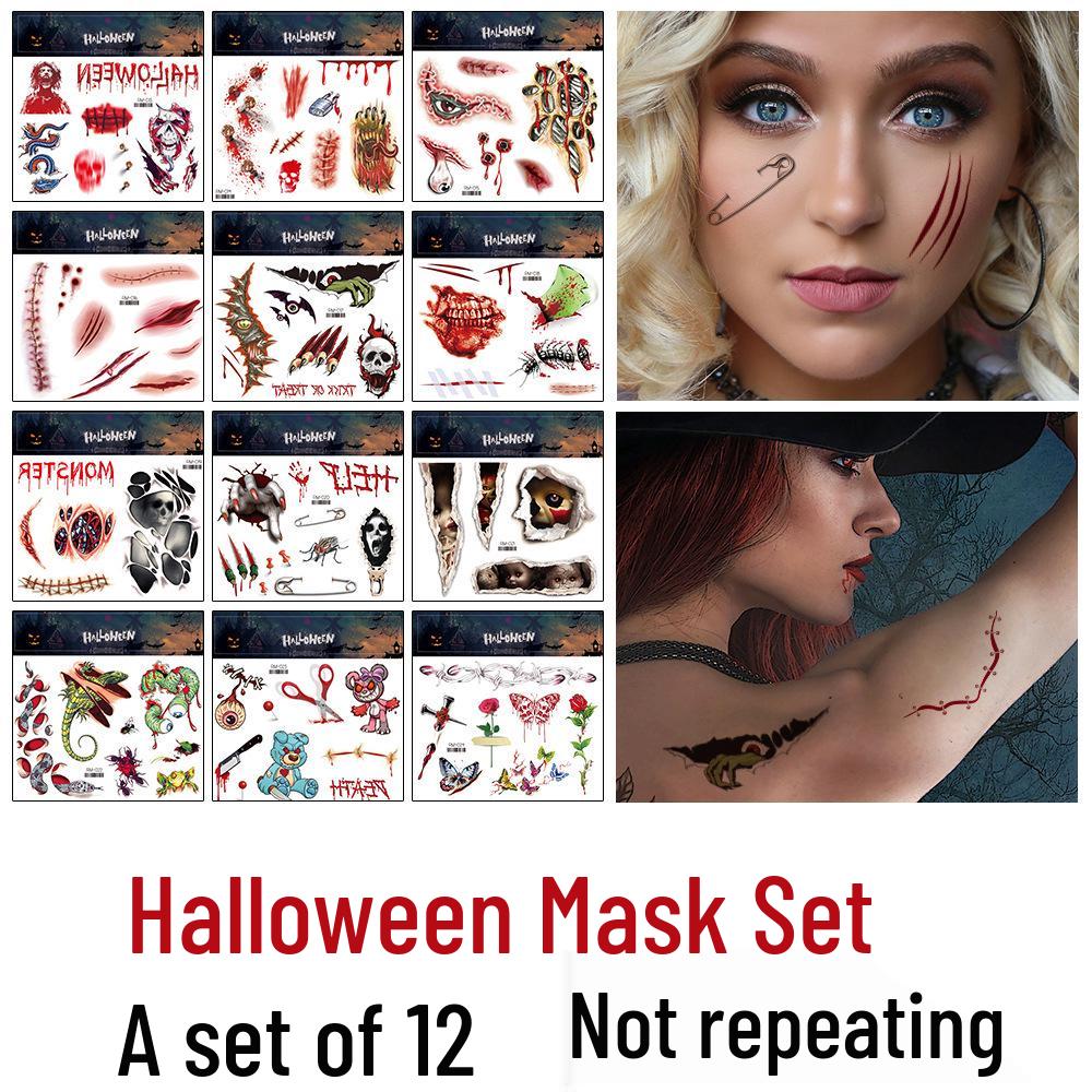 Halloween Face Tattoo Stickers: Day of the Dead, Flowers, Spiders, Scars, Party Makeup 158x158mm