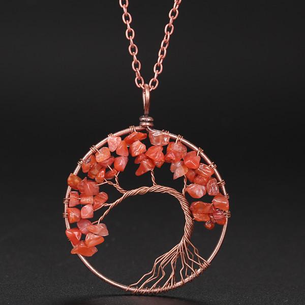 Hand-Wound Natural Stone Crystal Ancient Red Copper Curved Tree Of Life Curved Tree Necklace N01
