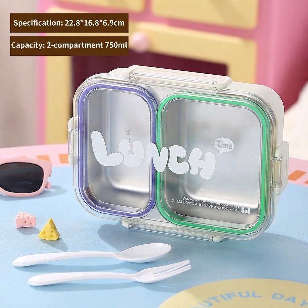 Scatola Pranzo in Acciaio Inossidabile 304 da 720ml a Prova di Perdite con 3 Scomparti e Posate per Bambini Scuola Ufficio Picnic all'Aperto