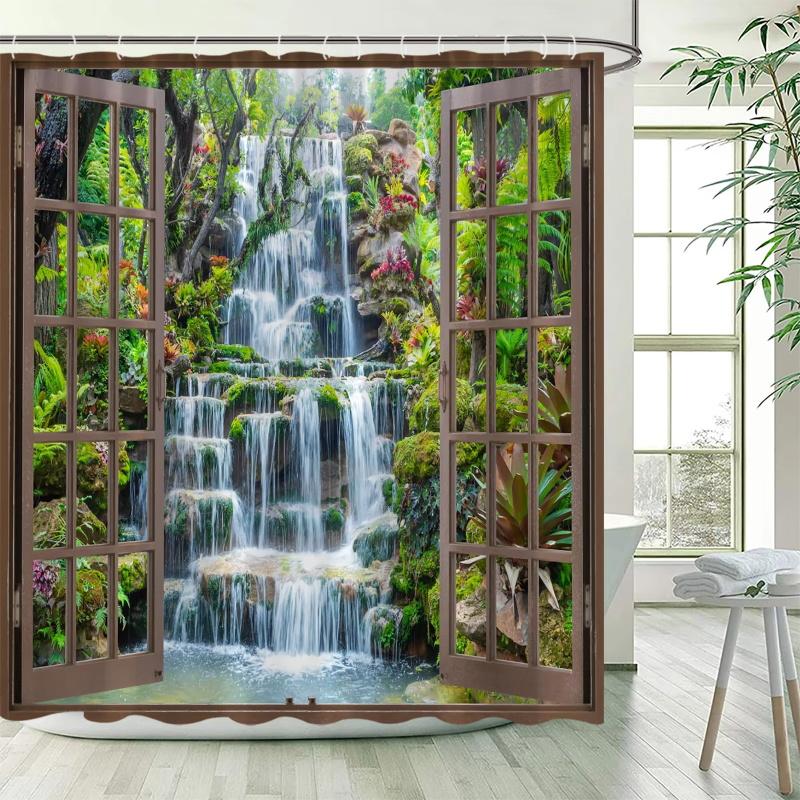 Jarní lesní krajina Sprchový závěs Tropické rostliny džungle Vodopád Přírodní scenérie Závěsy Zahradní koupelnová dekorace s háčky