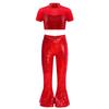 Girls Performance Costume Short Sleeve Mesh Patchwork Cutout Back Sequins Crop Top Sequin Zipper Bell Bottomed Pants