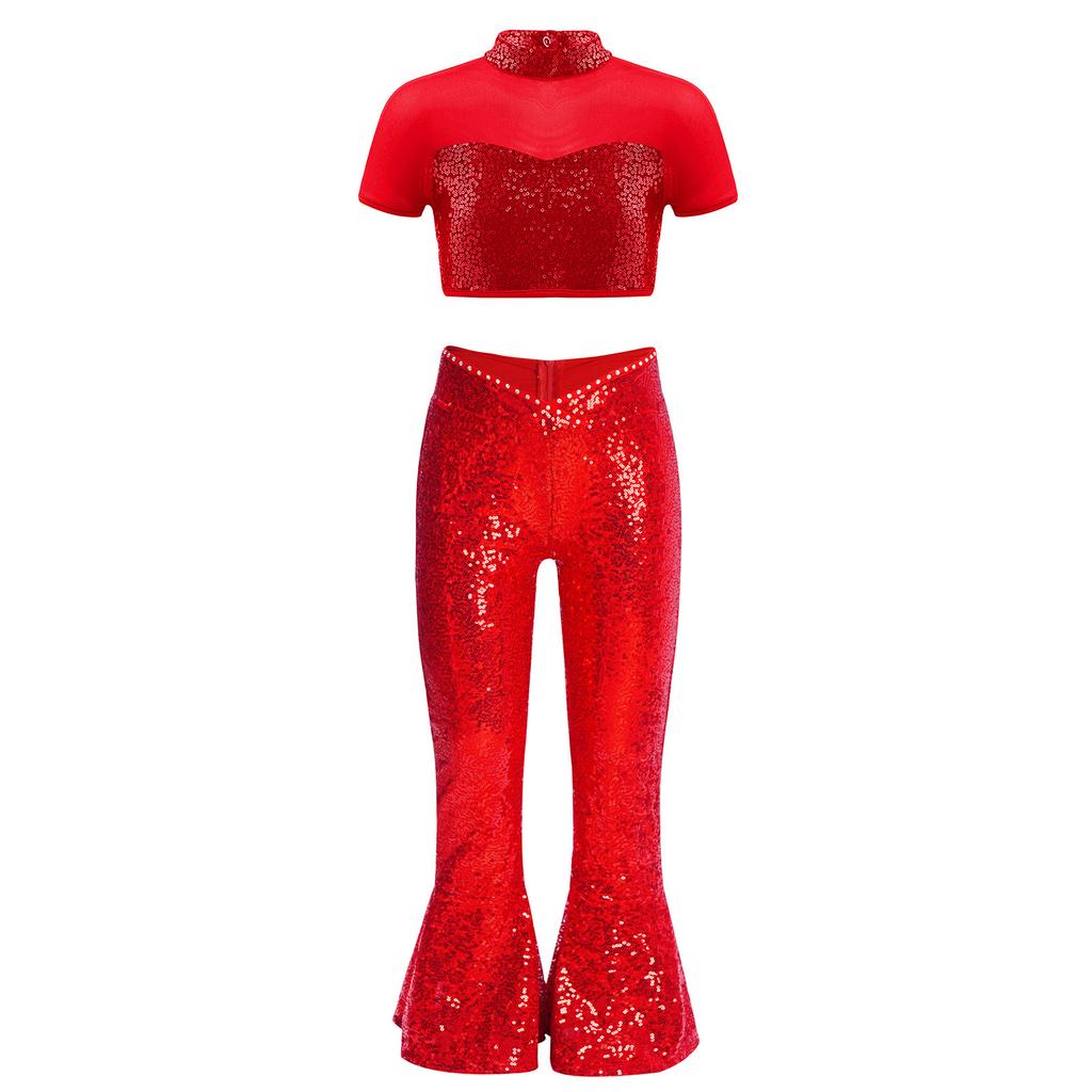 Girls Performance Costume Short Sleeve Mesh Patchwork Cutout Back Sequins Crop Top Sequin Zipper Bell Bottomed Pants