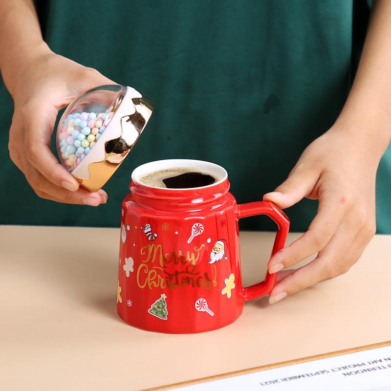 Crystal Ball Christmas Mugs Ceramic Santa Claus Figurines with Lid and Spoon Cute Coffee Mug for Home Office High, X'mas Gift