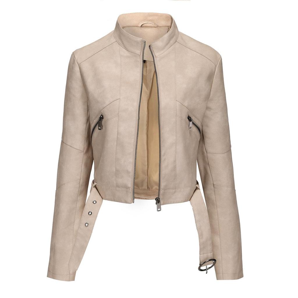 Kurtka ze skóry PU na jesień i zimę dla kobiet z kołnierzykiem z klapami i długim rękawem, dopasowana, zapinana na zamek błyskawiczny