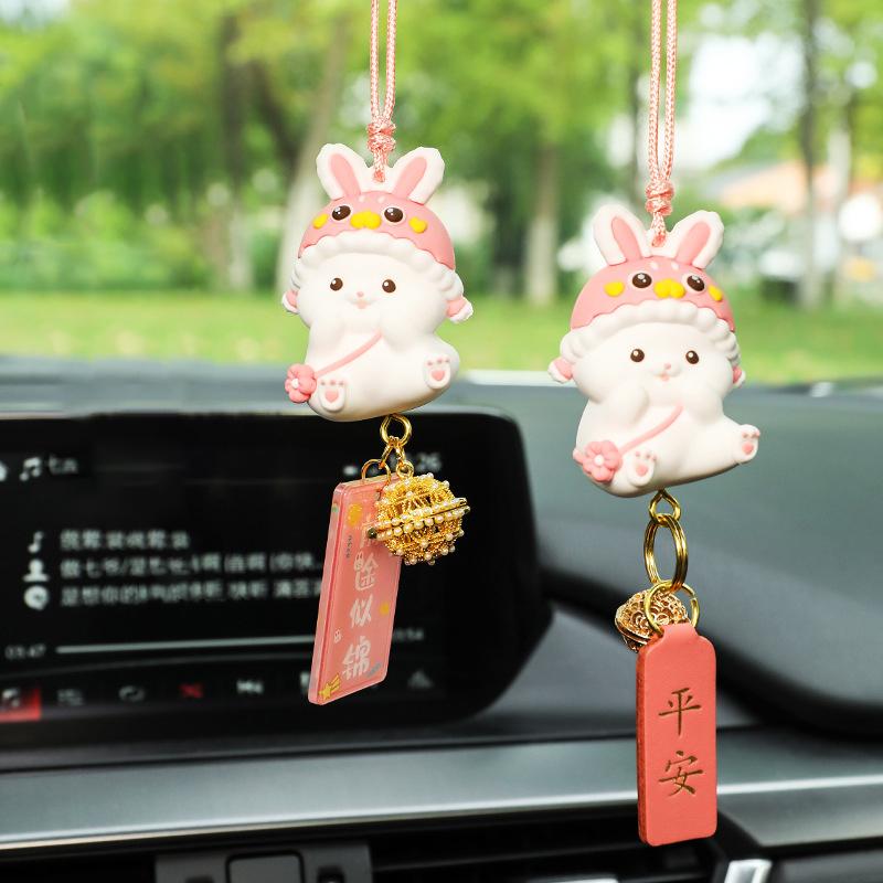 New Luxury Car Safety Pendant Cute Zhaocai Rabbit Rearview Mirror Pendant New Year Decoration Lady Car Interior Accessories