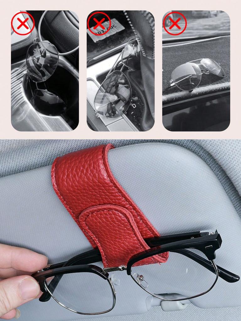 Car Sun Visor Glasses Clip, Magnetic Leather, One-Hand Operation, No-Damage Install, Fits All Vehicles, Eyeglass & Card Holder