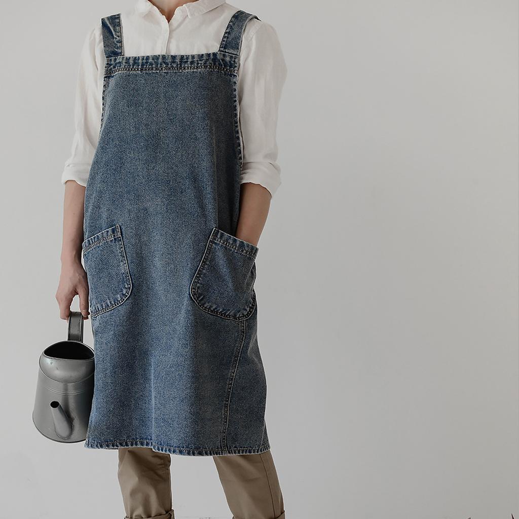 Denim-Küchenschürze für Damen, wasserwaschbare Baumwoll-Denim-Schürze, Vollständige Abdeckung, Kochschürze, Verstellbare Seillänge